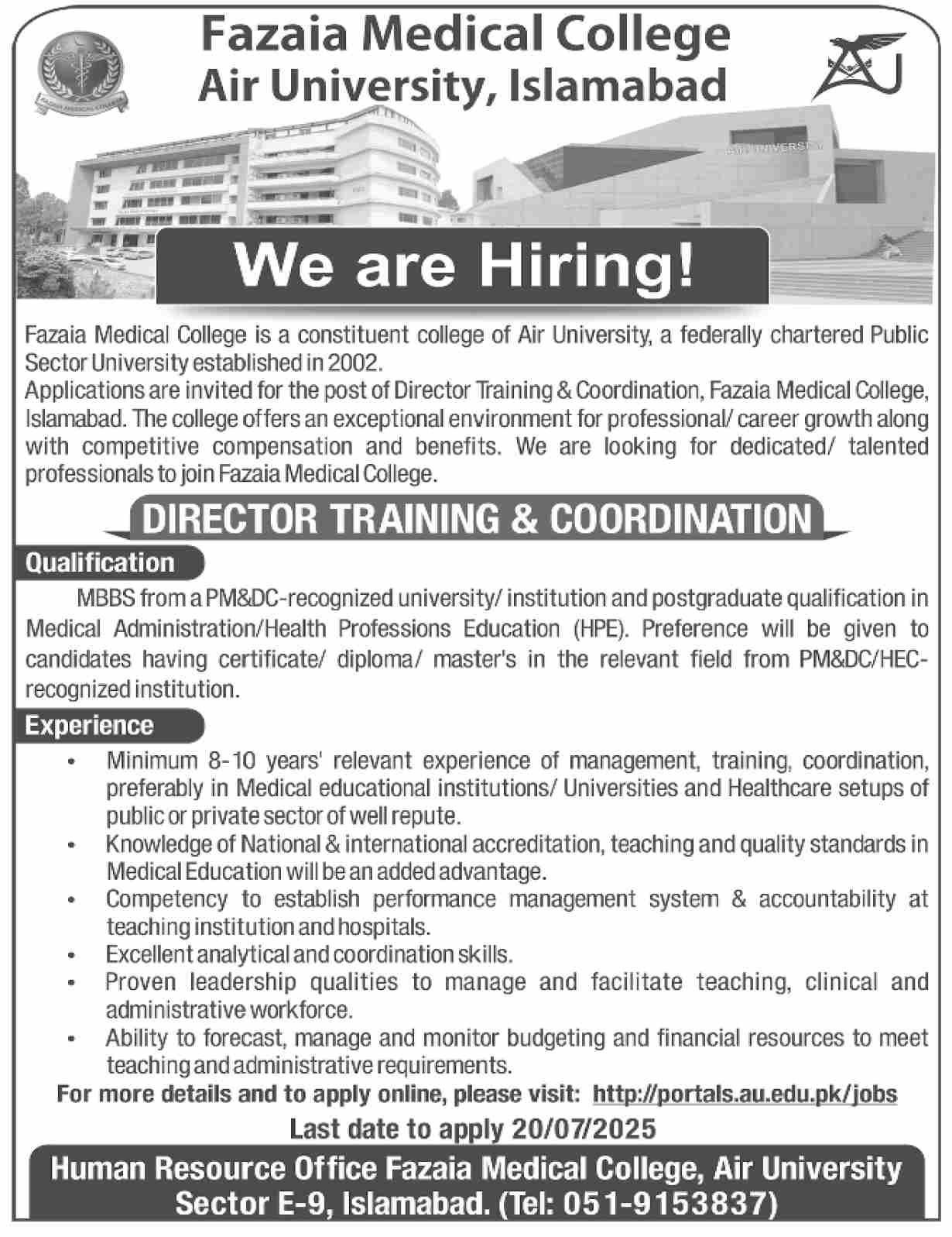 Jobs in Fazaia Medical College Air University Islamabad